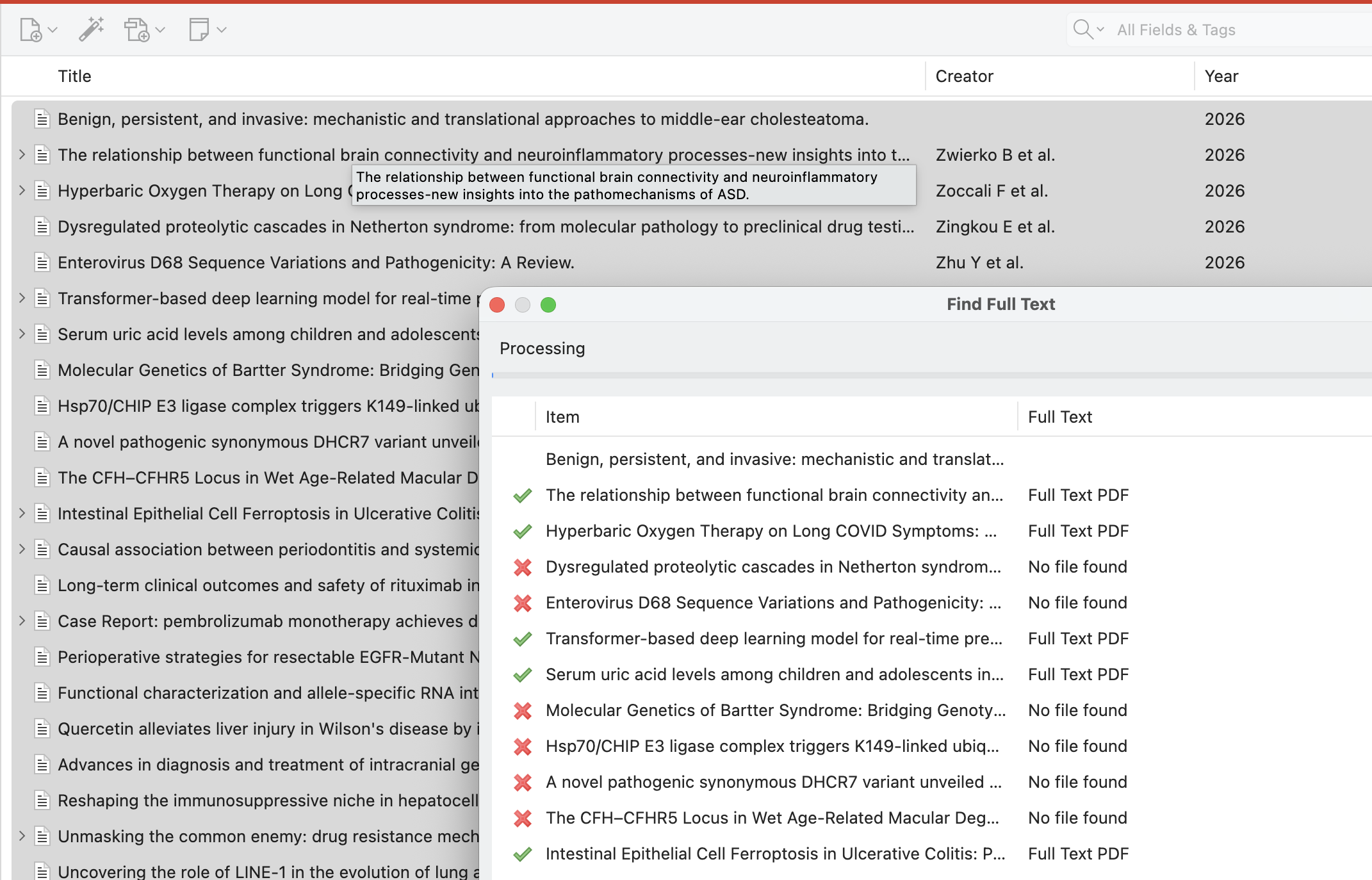 Zotero Find Full Text processing a batch of imported references